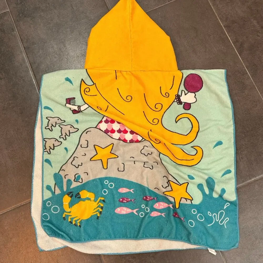 Kids Mermaid Hooded Towel Poncho Beach Swim Bath Crown Hood